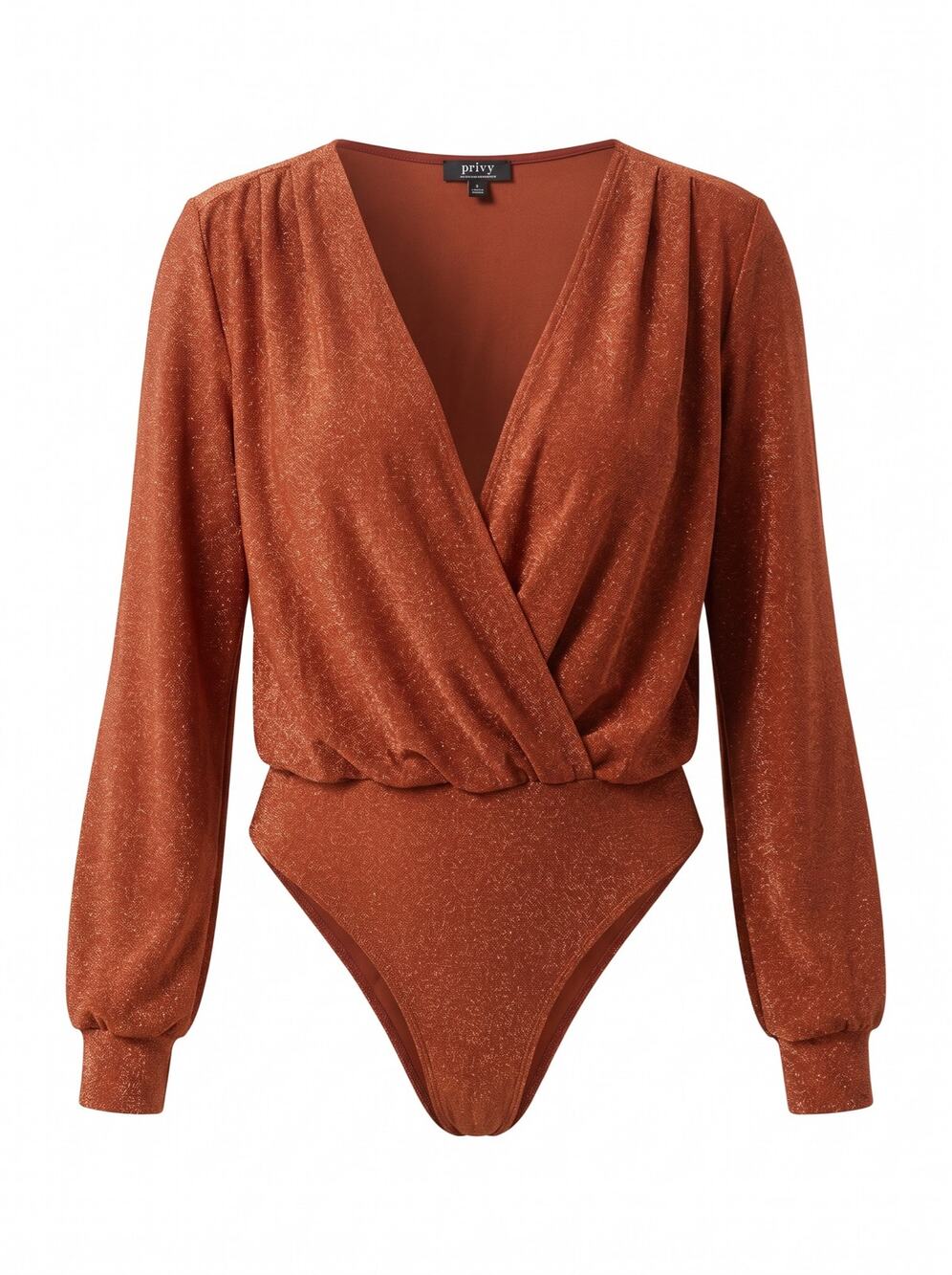Privy Women's S Metallic Rust Long Sleeve Overlap Knit Evening Bodysuit 45421